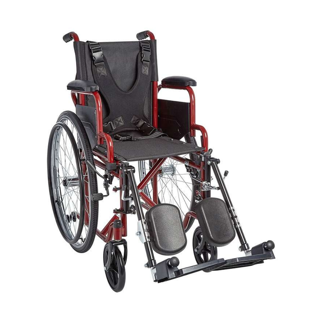 The Circle Specialty ZIGGO Pediatric Wheelchair is a lightweight red and black manual wheelchair for kids, featuring padded armrests, adjustable footrests, large rear wheels, smaller front wheels, and a seat safety harness. Currently unoccupied.